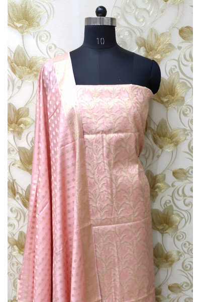 All Over Banarasi Butta Weaving Work Design Peach Kathan Silk Suit Fabric Set (SF8)